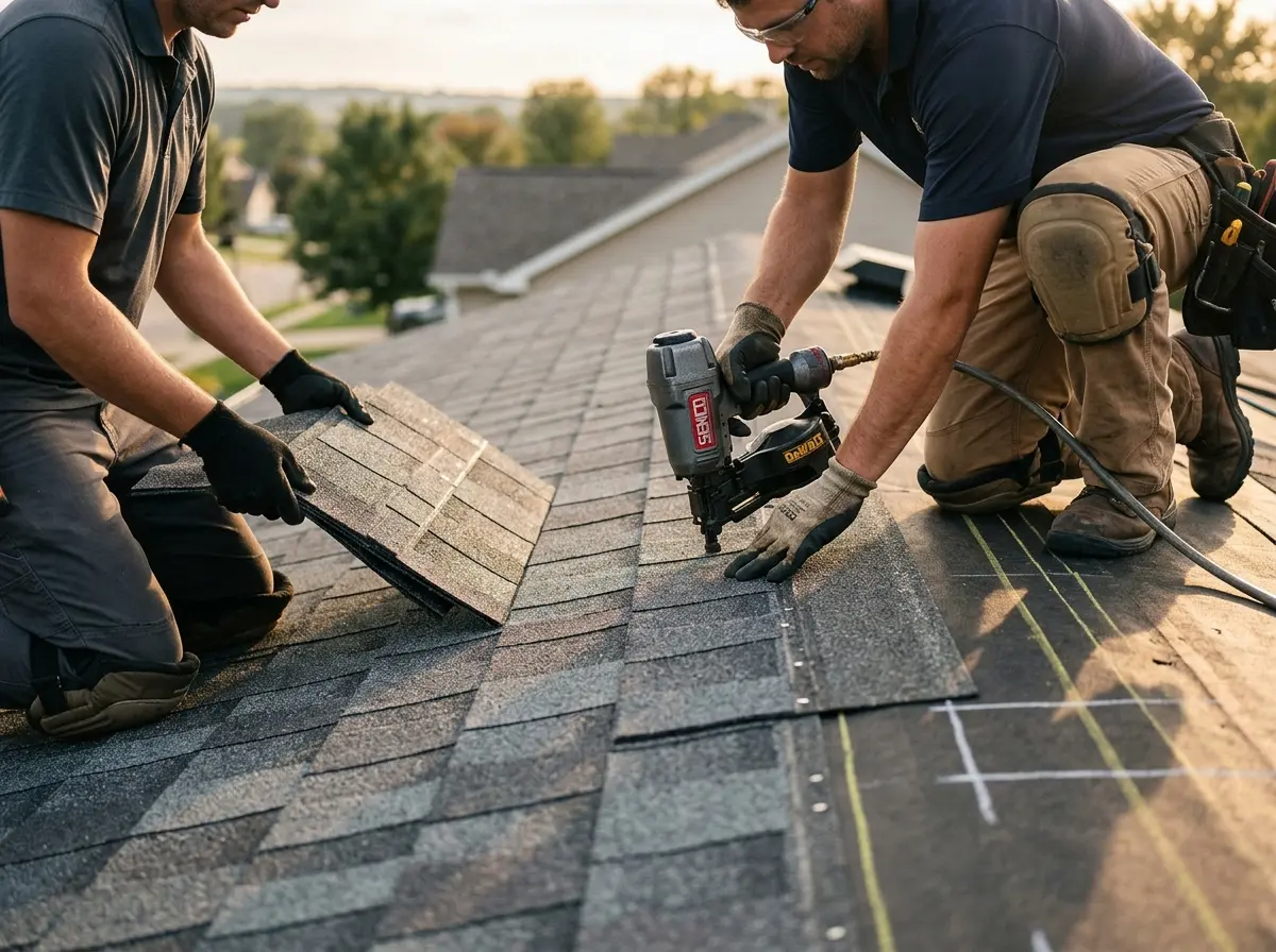 Professional roofer working on a residential roof in Bellingham